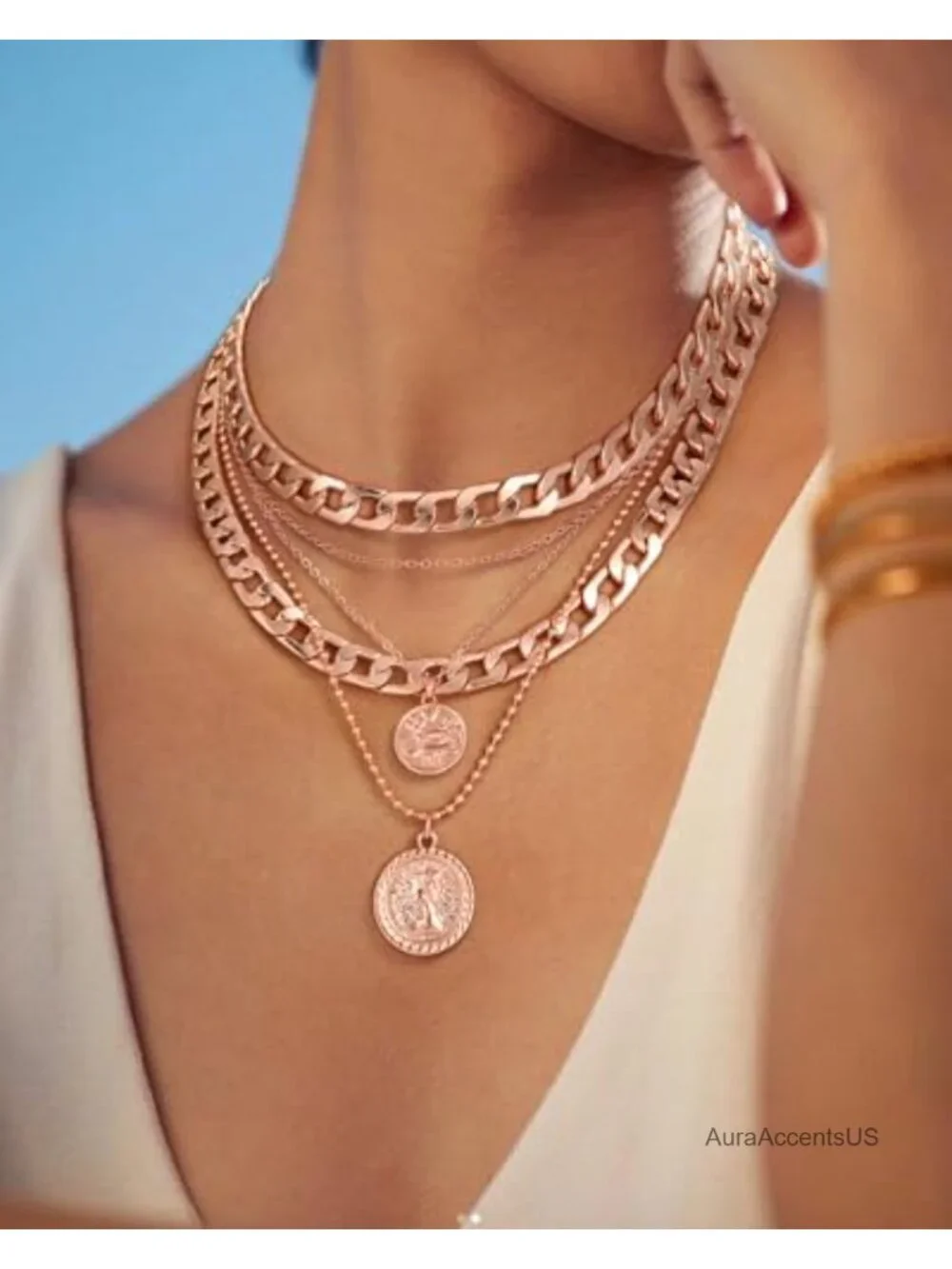 Layered Necklaces for Women Trendy Retro Coin Pendant 5 in 1 Chains